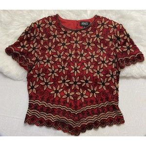 Vintage Adrianna Papell Boutique Silk Red Fully Beaded Lined Top Medium